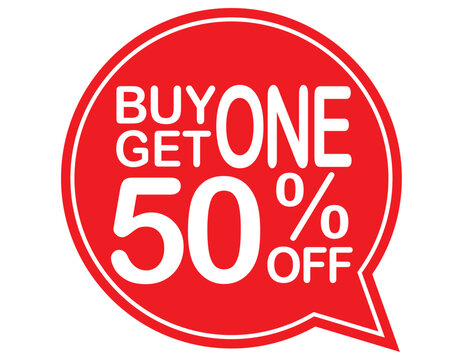 Buy 1 get 1 50% off red label sign. Buy 1 get 1 50% off red banner. Vector Illustration.