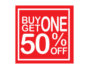 Buy 1 get 1 50% off red label sign. Buy 1 get 1 50% off red banner. Vector Illustration.