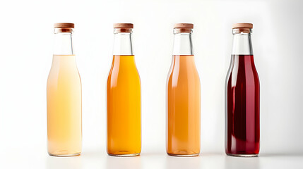Four transparent bottle of a kombucha tea assorted on the white background.