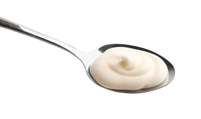 Fototapeta na wymiar Spoon with tasty mayonnaise isolated on white
