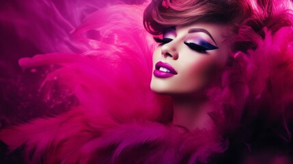 Close up portrait of a beautiful woman with pink feathers, posing with carnival mask or fun costume. Vivid, bold fuchsia color, dark black background. Concept of fashion photography or sensuality - obrazy, fototapety, plakaty