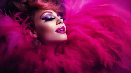 Close up portrait of a beautiful woman with pink feathers, posing with carnival mask or fun costume. Vivid, bold fuchsia color, dark black background. Concept of fashion photography or sensuality - obrazy, fototapety, plakaty