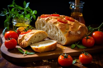 Fototapeta na wymiar A rustic Italian bread loaf, freshly baked and golden brown, sits on a wooden cutting board surrounded by olive oil, tomatoes, and fresh basil leaves