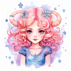 The girl in the image represents the symbol of Cancer. Beliefs, individual horoscope, analysis of characteristics of the date of birth. Cute illustrator for the zodiac watercolor and vintage style