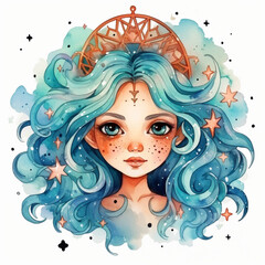 The girl in the image represents the symbol of the Zodiac. Beliefs, individual horoscope, analysis of characteristics of the date of birth. Cute illustrator for the zodiac watercolor style