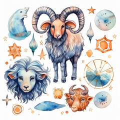 The animal in the image represents the symbol of the Zodiac. Beliefs, individual horoscope, analysis of characteristics of the date of birth. Cute illustrator for the zodiac watercolor style - obrazy, fototapety, plakaty
