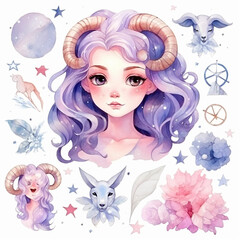 The girl in the image represents the symbol of the Zodiac. Beliefs, individual horoscope, analysis of characteristics of the date of birth. Cute illustrator for the zodiac watercolor style