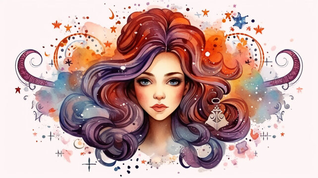 The girl in the image represents the symbol of SCORPIO. Beliefs, individual horoscope, analysis of characteristics of the date of birth. Cute illustrator for the zodiac watercolor and vintage style