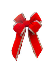 Isolated bright red velvet bow with a gold edge