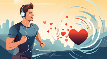 man goes in for sports, running with headphones and with a watch that shows his heart rate, cardio training