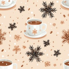 Seamless pattern with cups of coffee and snowflakes. Vector illustration.