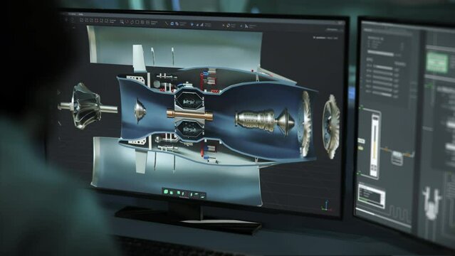 Automotive Industry Blueprint Developed By Manufacturing Plant Engineer. Engineer Manufacturing Automotive Turbine Engine In CAD Program. 3D Project. Engineer Makes Automotive Machinery Prototype
