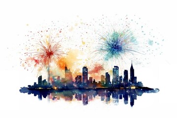 Colorful fireworks in city skyline with water reflections on white background, minimalist holiday celebration background watercolor painting (New Year Eve, Christmas, Fourth of July/Independence Day) - obrazy, fototapety, plakaty