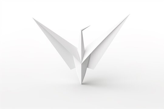 White origami folded paper crane celebrating victory with wings spread in v-shaped flight pose with subtle shadow, abstract conceptual minimalist character design digital graphic illustration