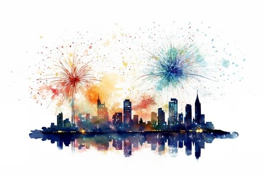 Colorful fireworks in city skyline with water reflections on white background, minimalist holiday celebration background watercolor painting (New Year Eve, Christmas, Fourth of July/Independence Day)