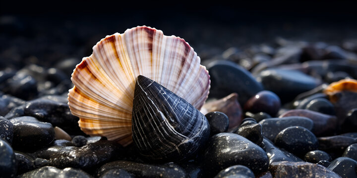 Shells Galore on Daman's Beach"  Shell at Arabian Sea in Daman, A sea shell lies on a beach covered in sea shells  with generative ai
