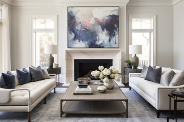 A cozy living room with two couches, a coffee table, a fireplace, and a painting on the wall. The soft, neutral colors and plush furniture