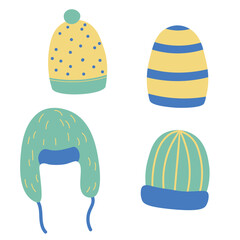 Hats warm accessories hand drawn flat vector illustration cartoon style. Doodle set with different kind headwear, knitted caps, earflap hat. Icons and design elements for print, card, template, paper