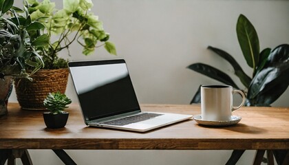 laptop on the table, Relaxed work environment on a wooden table, laptop screen blank, coffee mug, and a hint of greenery from a potted plant, , tranquil workspace