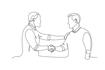 Continuous one line drawing a boss shaking hands with the best male employee. Single line draw design vector illustration
