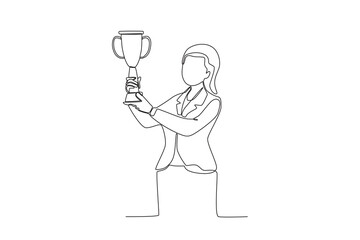 Continuous one line drawing the best female employee is lifting the trophy. Single line draw design vector illustration
