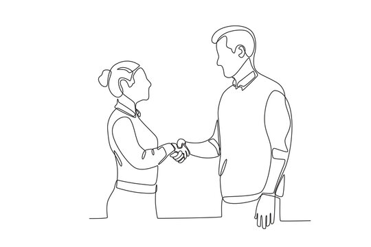 Continuous one line drawing a superiors who are giving appreciation in the form of a handshake with the best employee. Single line draw design vector illustration
