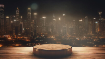 podium for a new product against the background of blurred lights of the night city - obrazy, fototapety, plakaty