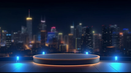 podium for a new product against the background of blurred lights of the night city - obrazy, fototapety, plakaty