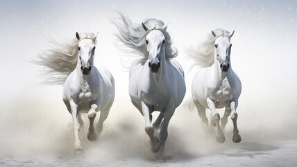 Fototapeta premium three unusual fairytale running horses, in a dynamic pose