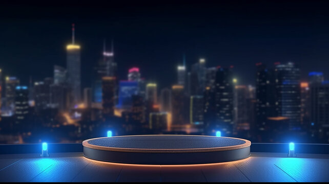 podium for a new product against the background of blurred lights of the night city