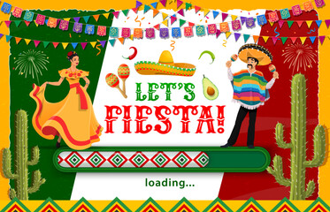 Mexican fiesta party holiday loading page. Mexico carnival of festival vector background or banner with flamenco dancer woman, mariachi musician character, papel picado garland, cactus and loading bar - obrazy, fototapety, plakaty