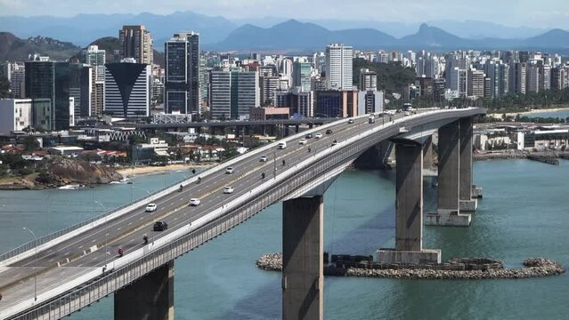 the Third Bridge, or Terceira Ponte, connection between Vitoria and Vila Velha. Espirito Santo, Brazil. Skyscrapers on background