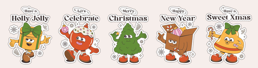 Merry Christmas and Happy New Year sticker designs. Xmas tree, gift box, christmas ball, bell, gift with bow of trendy retro mascot style. Groovy cartoon happy characters with xmas phrases.