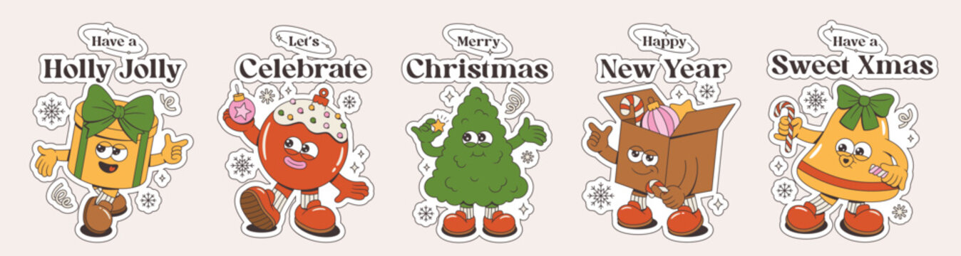 Merry Christmas And Happy New Year Sticker Designs. Xmas Tree, Gift Box, Christmas Ball, Bell, Gift With Bow Of Trendy Retro Mascot Style. Groovy Cartoon Happy Characters With Xmas Phrases.