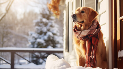 Dog Wearing a Scarf on the Porch, Surrounded by Snow and Winter