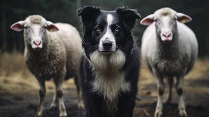 Working Dog Border Collie and Two Sheep in the Field