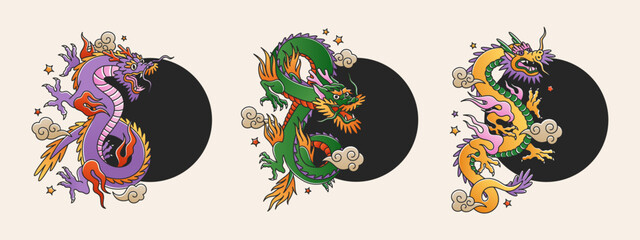 Set of three templates with tattoo chinese dragons. Symbol of New Year 2024. Asian colorful cartoon style. Design elements for your holiday banners and posters.