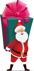 Cartoon Christmas Santa with big gift box. Christmas greeting, merry Xmas festive or happy New Year holiday isolated vector happy personage. Winter season celebration Santa Claus cheerful mascot