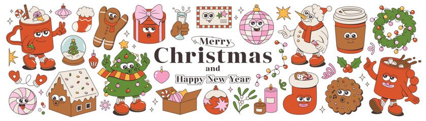 Merry Christmas and Happy New Year collection. Tree, Santa Claus, gingerbread, sweets, wreath, garland, gifts, balls, bell of trendy retro mascot style. Groovy cartoon sticker pack. - obrazy, fototapety, plakaty