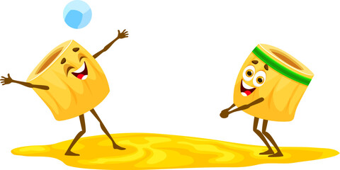 Cartoon cheerful ditalini pasta characters playing beach volleyball on summer vacation. Vector noodles hitting ball at sandy court during spirited sports game, creating a playful seaside spectacle