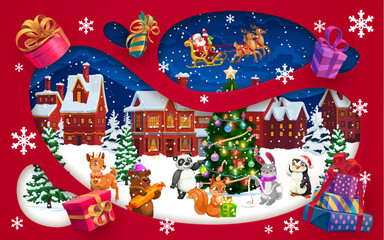 Christmas paper cut winter town, Santa on sleigh and cartoon animals near holiday pine tree. Vector 3d papercut double exposition frame with Father noel flying on sled, penguin, bear, deer and bunny © Vector Tradition