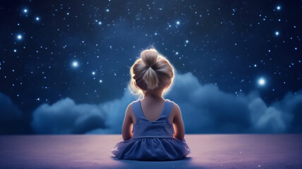 baby girl view from the back, sitting against the background of the night starry sky, dream, fantasy imagination bedtime story for daughter