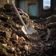 shovel against the background of a destroyed house .destruction due to exposure to natural disasters or war