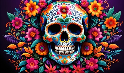 Illustration of colorfully decorated Day of the Dead sugar skulls, traditional mexican festival.