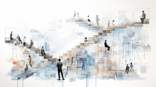 the concept of business processes in modern society, abstract people simple graphics on a white background