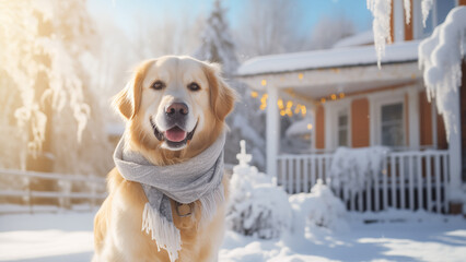 Good Dog Wearing a Scarf on the Porch, Embracing the Snowy Serenity of Home