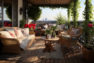 Inviting balcony with wicker sofa, chairs, and table adorned with flowers and plants, providing a comfortable and stylish space to relax and enjoy the breathtaking city views.