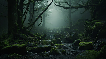 art misty green dense forest, a gloomy dream in the wild thicket of the forest - obrazy, fototapety, plakaty