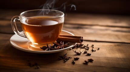 close-up of a mug of chai tea steeping on a wood table AI generated illustration