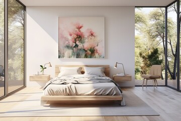 Cozy bedroom with inviting bed, soft rug, and large painting above bed, creating a peaceful and relaxing oasis. The painting's soft colors and dreamy landscape add to the serene atmosphere